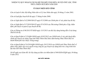 Quyết định 1835/QĐ-UBND duyệt quy hoạch chung đô thị mới Vinh Hiền Phú Lộc Thừa Thiên Huế 2013 2030