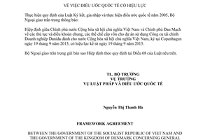 Thông báo hiệu lực Hiệp định thủ tục điều khoản chung cấp vốn sử dụng Công cụ tài chính Doanh nghiệp Danida