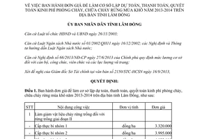 Quyết định 1848/QĐ-UBND đơn giá quyết toán kinh phí phòng chữa cháy rừng mùa khô 2013-2014 Lâm Đồng