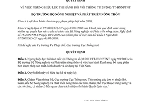 Quyết định 2158/QĐ-BNN-PC năm 2013 ngưng hiệu lực thi hành Thông tư 38/2013/TT-BNNPTNT