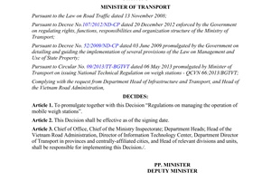 Decision No. 2919/QD-BGTVT dated 2013 regulations on managing the operation of mobile weigh stations