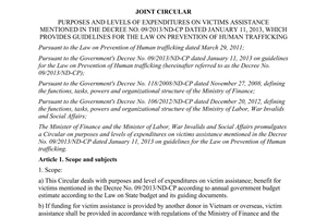 Joint circular No. 134/2013/TTLT-BTC-BLDTBXH expenditures on victims assistance in No. 09/2013/ND-CP