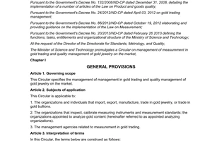 Circular No. 22/2013/TT-BKHCN quality management of gold jewelry on the market
