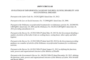 Joint Circular 28/2013/TTLT-BYT-BLĐTBXH ratings impairments caused injuries occupation diseases