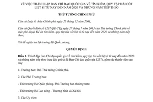 Quyết định 1753/QĐ-TTg năm 2013 thành lập Ban Chỉ đạo tìm kiếm quy tập hài cốt liệt sĩ