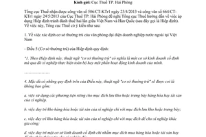 Công văn 3289/TCT-HTQT năm 2013 áp dụng Hiệp định thuế Việt Nam Hàn Quốc