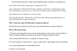 Thông tư 26/2013/TT-BLĐTBXH danh mục công việc không được sử dụng lao động nữ