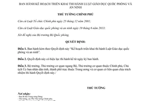 Quyết định 1911/QĐ-TTg năm 2013 triển khai thi hành Luật Giáo dục quốc phòng an ninh