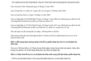 Quyết định 55a/2013/QĐ-TTg chính sách hỗ trợ phẫu thuật tim cho trẻ em bị bệnh tim bẩm sinh