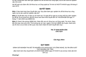 Quyết định 20/2013/QĐ-UBND nghiệm thu đề tài KHCN dự án sản xuất thử nghiệm Sơn La