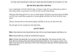 Quyết định 7312/QĐ-BCT năm 2013 Quy chế xét chọn Doanh nghiệp xuất khẩu uy tín