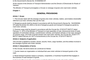 Circular No. 35/2013/TT-BGTVT stowage of goods onto road motor vehicles