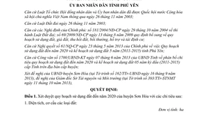 Quyết định 1884/QĐ-UBND 2013 Quy hoạch sử dụng đất 2020 Kế hoạch 2011 2015 Sơn Hòa Phú Yên