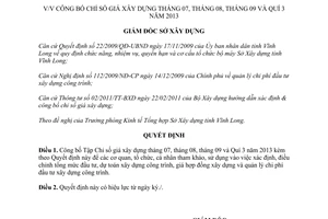 Quyết định 140/QĐ-SXD công bố Tập Chỉ số giá xây dựng tháng 7 8 9 Quý 3 năm 2013 Vĩnh Long