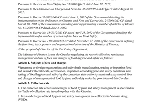Circular No. 149/2013/TT-BTC use of fees and charges of food hygiene and safety