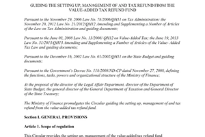Circular No. 150/2013/TT-BTC setting up management tax refund from the value-added tax refund fund