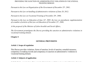 Decree No. 148/2013/ND-CP sanction on administrative violations in vocational training domain