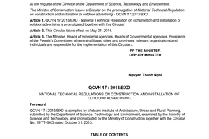 Circular No. 19/2013/TT-BXD national technical regulation on construction and installation of outdoor advertising