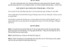 Quyết định 2275/QĐ-UBND 2013 thủ tục hành chính sửa đổi Sở Khoa học và Công nghệ Bà Rịa Vũng Tàu