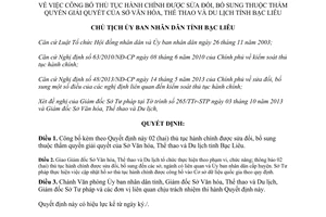 Quyết định 2185/QĐ-UBND năm 2013 thủ tục hành chính sửa đổi thẩm quyền Sở Văn hóa Thể thao Du lịch Bạc Liêu