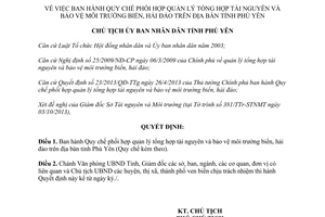 Quyết định 1809/QĐ-UBND 2013 phối hợp quản lý tài nguyên bảo vệ môi trường biển hải đảo Phú Yên