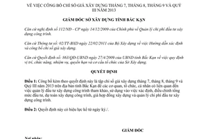 Quyết định 669/QĐ-SXD 2013 công bố Chỉ số giá xây dựng Quý III Bắc Kạn