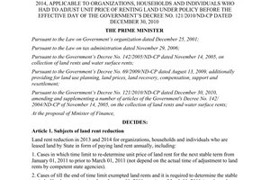 Decision No.1851/QD-TTg 2013 reduction of land rents in 2013 and in 2014