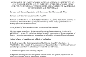 Decree No. 126/2013/ND-CP guiding Resolution No. 49/2013/QH13 on extension of the duration of use of land