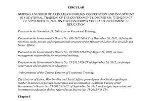 Circular No. 23/2013/TT-BLDTBXH guiding articles on foreign cooperation investment in vocational training