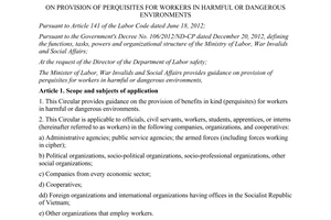Circular No. 25/2013/TT-BLĐTBXH perquisites for workers in harmful or dangerous environments