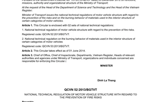 Circular No. 40/2013/TT-BGTVT national technical regulations of motor vehicle structure prevention of fire risks