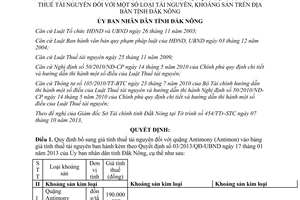 Quyết định 22/2013/QĐ-UBND giá tính thuế tài nguyên khoáng sản Đắk Nông