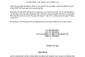 Thông báo hiệu lực Hiệp định tránh đánh thuế hai lần trốn lậu thuế giữa Việt Nam và Pa-le-xtin
