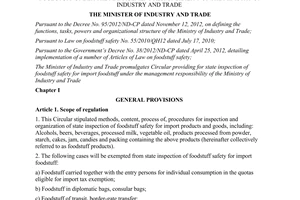 Circular No. 28/2013/TT-BCT 2013 inspection of foodstuff safety for import foodstuff