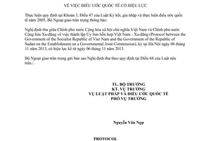 Thông báo hiệu lực Nghị định thư thành lập Ủy ban hỗn hợp Việt Nam Xu-đăng