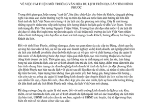 Chỉ thị 19/2013/CT-UBND cải thiện môi trường văn hóa du lịch Bình Phước