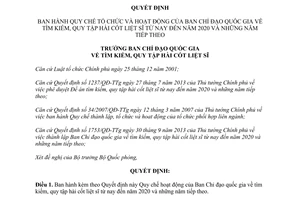 Quyết định 249/QĐ-BCĐQG1237 năm 2013 Quy chế Ban Chỉ đạo tìm kiếm quy tập hài cốt liệt sĩ 2020