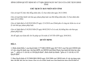 Quyết định 2116/QĐ-UBND năm 2013 đính chính Quyết định 1177/QĐ-UBND Bình Phước