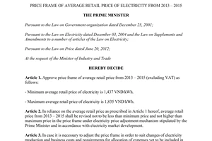 Decision No. 2165/QD-TTg price frame of average retail price of electricity from 2013 2015