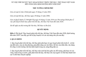 Quyết định 2160/QĐ-TTg năm 2013 Quy hoạch phát triển thể dục thể thao 2020