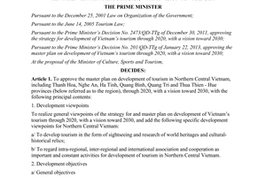 Decision No. 2161/QD-TTg development of tourism in northern central Vietnam through 2020