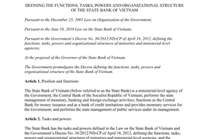 Decree No. 156/2013/ND-CP functions tasks powers organizational structure of the state bank of Vietnam