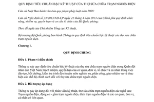Thông tư 204/2013/TT-BQP  tiêu chuẩn bậc kỹ thuật của thợ sửa chữa trạm nguồn điện