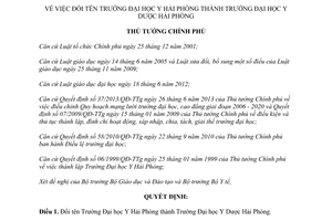 Quyết định 2153/QĐ-TTg năm 2013 đổi tên thành Trường Đại học Y Dược Hải Phòng