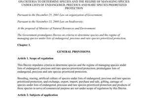 Decree No. 160/2013/ND-CP on criteria to determine species endangered precious and rare species prioritized protection