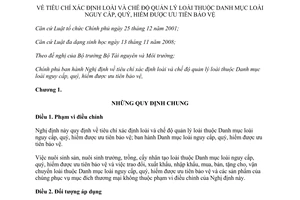 Nghị định 160/2013/NĐ-CP xác định loài Danh mục loài nguy cấp quý hiếm được ưu tiên bảo vệ