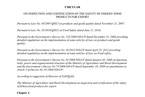 Circular 48/2013/TT-BNNPTNT inspection certification safety fishery food products export