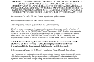 Decree No.170/2013/ND-CP amending Decree No. 26/2007/ND-CP digital signatures