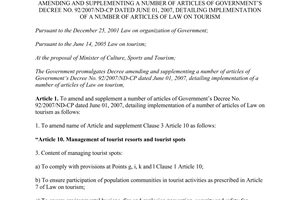 Decree No.180/2013/ND-CP amending Decree No. 92/2007/ND-CP detailing implementation of Law on Tourism