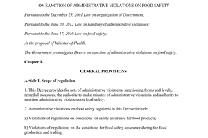 Decree No. 178/2013/ND-CP on sanction of administrative violations on food safety